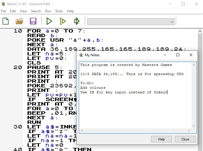 Project Notes window